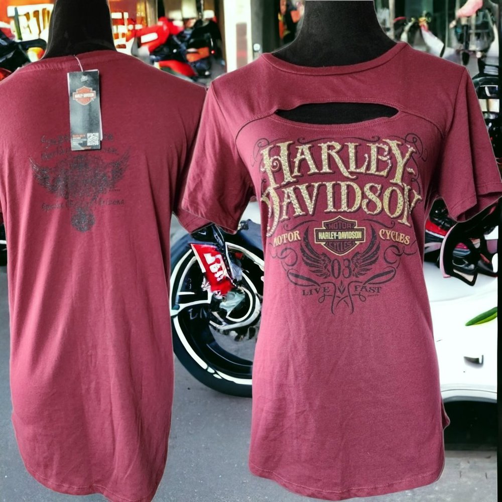 NWT HARLEY DAVIDSON Med Burgundy Distressed Tear and Rhinestones Pullover